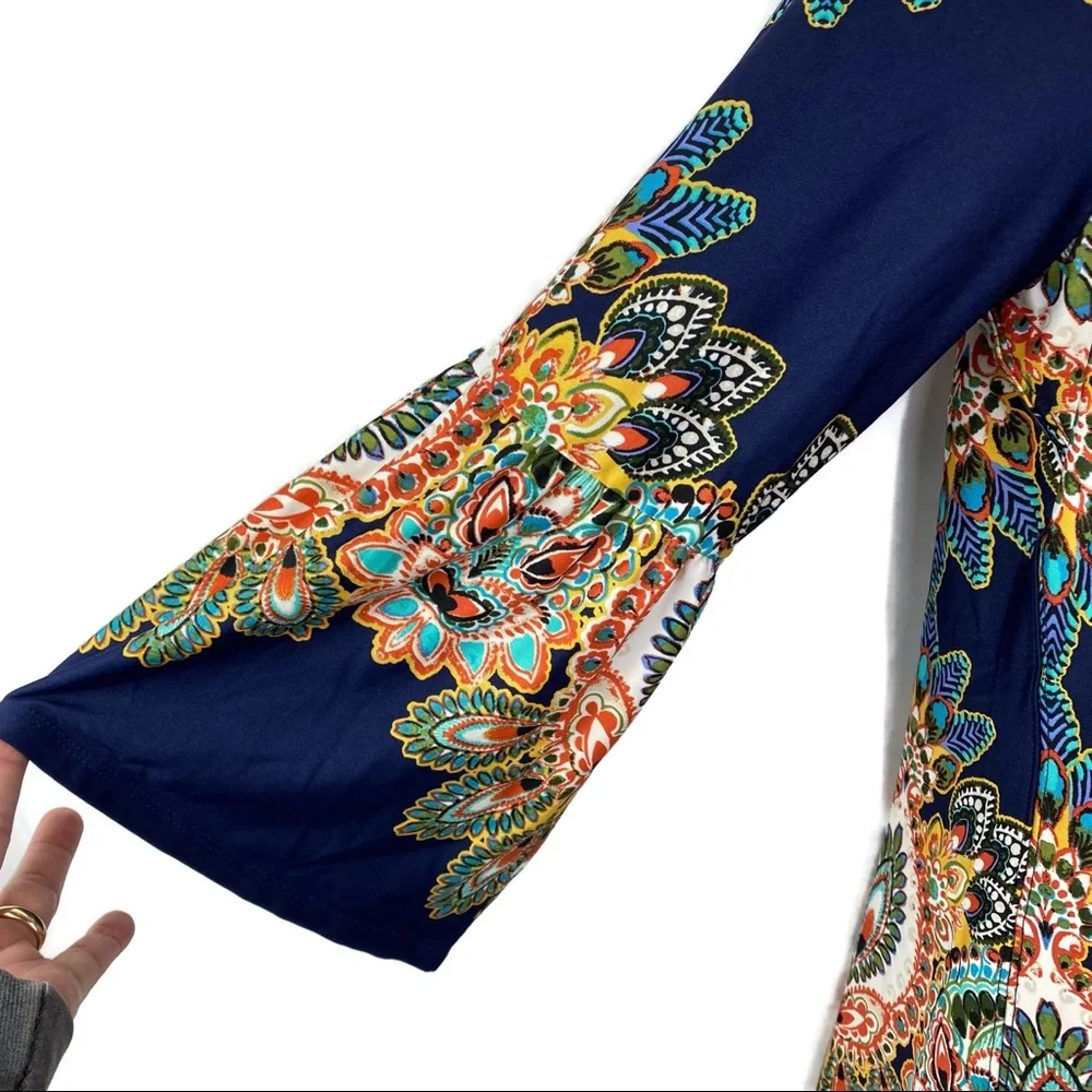 NWT Melissa Paige Boho Floral Peacock Top With Bell Sleeves Medium